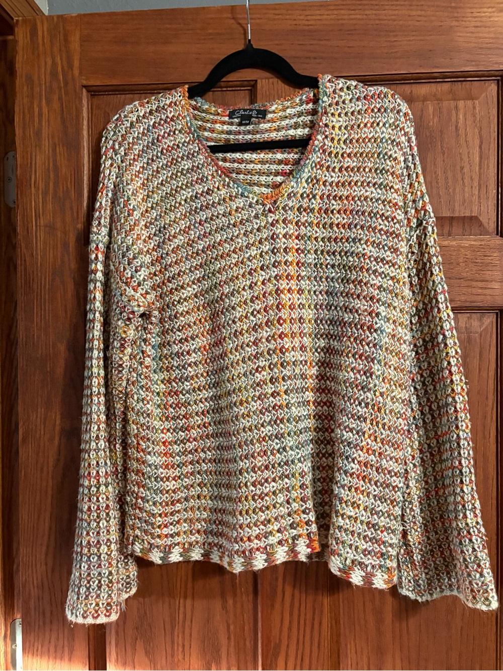CHARLIE B Multicolor V-Neck Knit Sweater in Cream, Orange, Brown